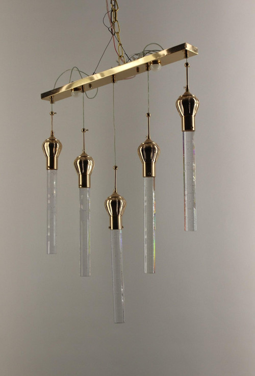 Lüks Gold Taçlı Jole Kristal Parçalı İnce 5'li Sıralı Serisi Modern Led Avize