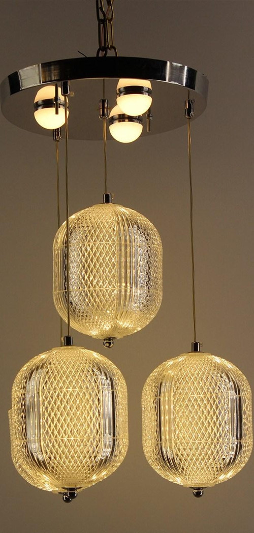 Gümüş Çemberli Serisi Elmas Dokulu Akrilik Fıçı 3'lü Led Sarkıt Avize