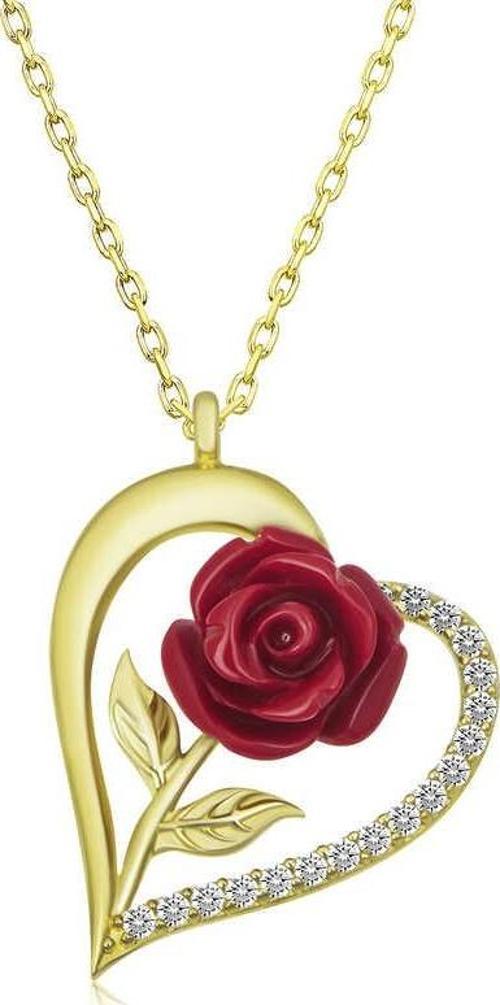 925 Ayar Gümüş Gold Kalpli Kırmızı Gül Kadın Gümüş Kolye