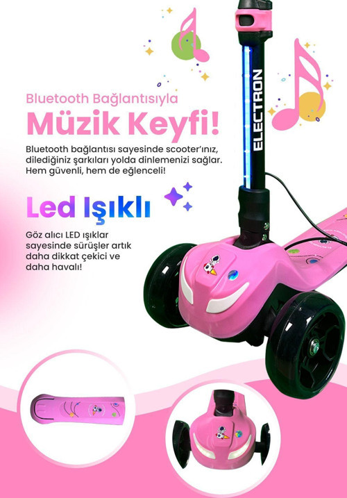 Led Işıklı Hoparlörlü 3 Tekerlekli Yükseklik Ayarlı Elektrikli Çocuk Scooter!