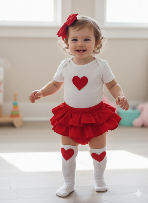 Kız Bebek Çocuk Kırmızı Fırfırşort Kalp Figürlü Badili Çoraplı Takım