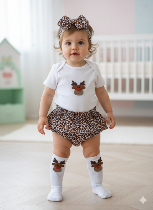 Kız Bebek Çocuk Leopar Fırfırşort Geyik Figürlü Badili Çoraplı Takım
