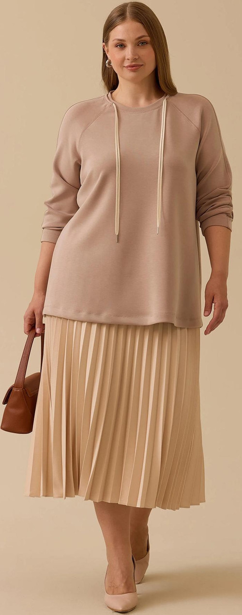Galaxi Kadın Büyük Beden Bağcıklı Basic Sweatshirt 4002 Camel