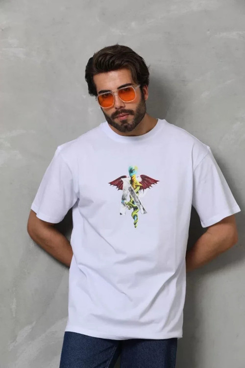Unisex Bisiklet Yaka Baskılı Oversize TShirt