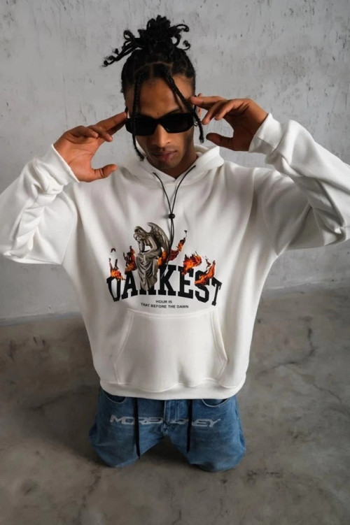 Erkek Oversize Kapüşonlu Sweatshirt – Renk Üç İplik İçi Pamuklu Kanguru Cepli Baskılı Hoodie Rahat