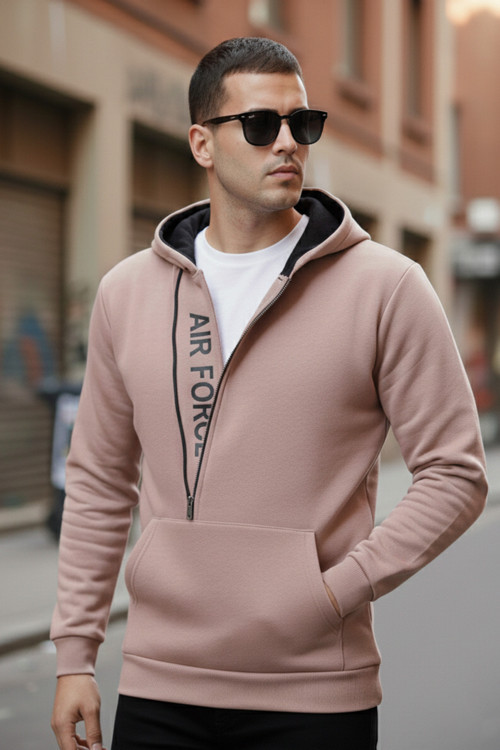 Kanguru Cepli Fermuarlı Kapüşon Yaka Slim Fit Erkek Sweat 575707 GÜL