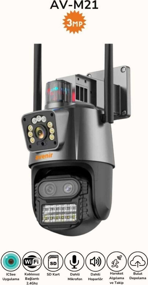 AV--M21 3 LENSLİ 10X ZOOMLU 3+3+3 MP PTZ KABLOSUZ KAMERA,SESLİ,GECE RENKLİ ,360