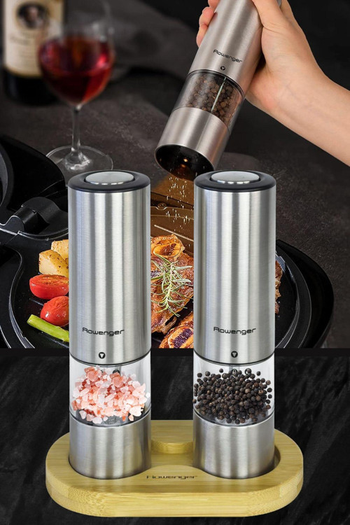 2'li Bambu Standlı Pilli Işıklı Tuz Karabiber Değirmeni Otomatik Baharat Öğütücü Seti
