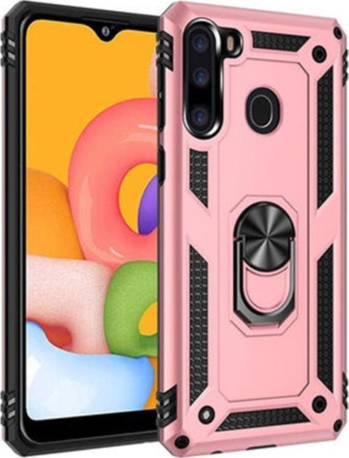 Galaxy A21 ile Uyumlu Yüzüklü Standlı Zırhlı Silikon Kılıf Rose Gold