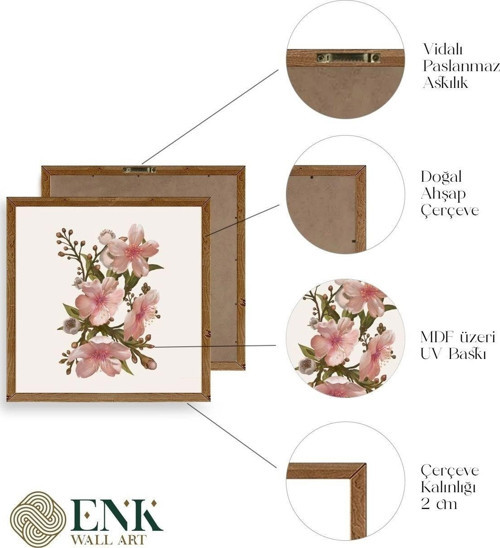 Büro Ev Ofis Dekoru için 42x42CM Tekli Ahşap Çerçeveli Çiçek Tema Tablo No507