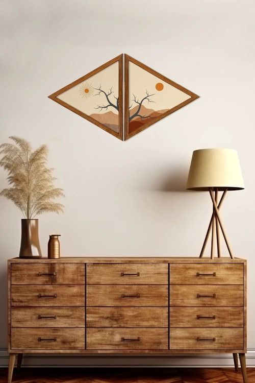 Büro Ev Ofis Dekoru için 35x40CM 2PARÇA Ahşap Üçgen Çerçeveli Tablo Seti No3