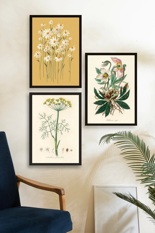 Büro Ev Ofis Dekoru için 30x40CM 3PARÇA Ahşap Çerçeveli Çiçek Tema Tablo No52