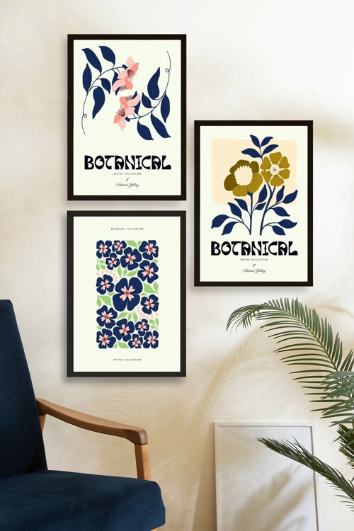Büro Ev Ofis Dekoru için 40x60CM 3PARÇA Ahşap Çerçeveli Botanik Tema Tablo No33