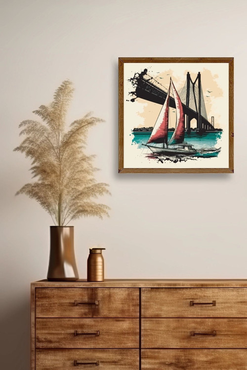 Büro Ev Ofis Dekoru için 50x50CM Tekli Ahşap Çerçeveli Köprü Tema Tablo No3