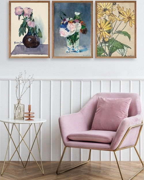 Büro Ev Ofis Dekoru için 40x60CM 3PARÇA Ahşap Çerçeveli Vazoda Çiçek Tema Tablo No19