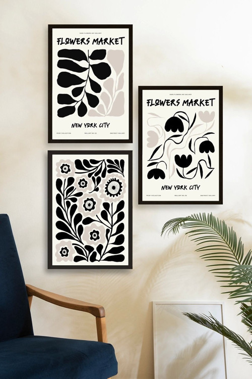 Büro Ev Ofis Dekoru için 30x40CM 3PARÇA Ahşap Çerçeveli Çiçek Temalı Tablo Seti No12