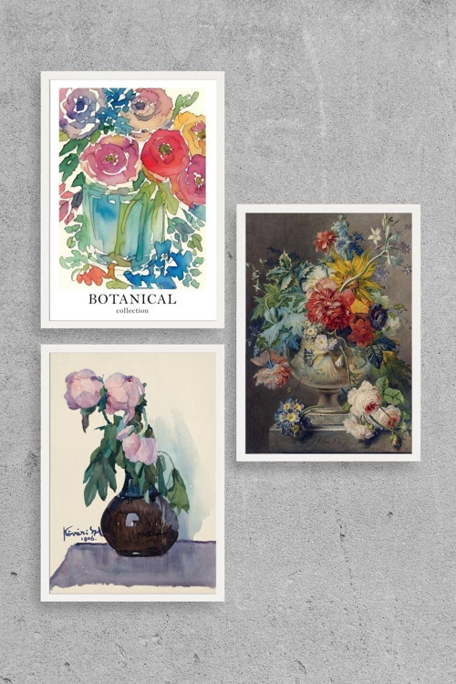 Büro Ev Ofis Dekoru için 50x70CM 3PARÇA Ahşap Çerçeveli Çiçek Tema Tablo No87
