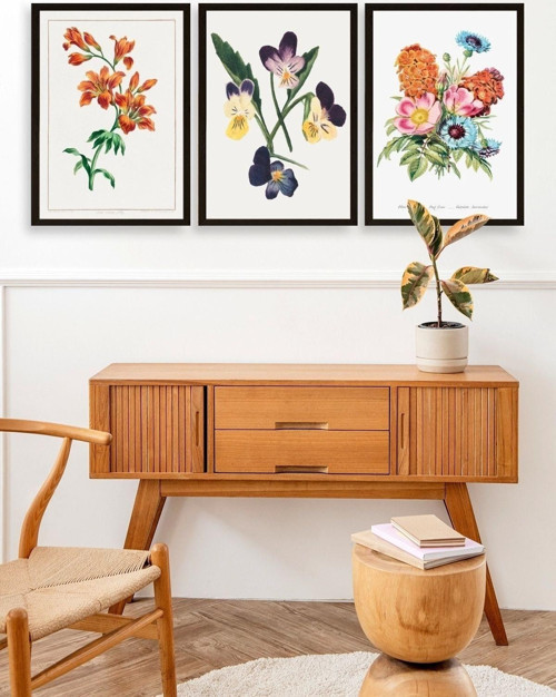 Büro Ev Ofis Dekoru için 30x40CM 3PARÇA Ahşap Çerçeveli Çiçek Tema Tablo No58
