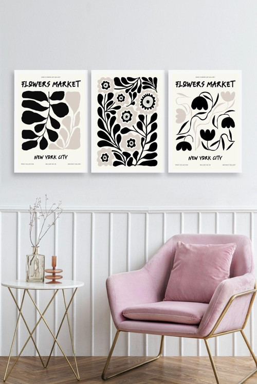 Büro Ev Ofis Dekoru için 23x30CM 3PARÇA Ahşap Çerçeveli Çiçek Temalı Tablo Seti No6