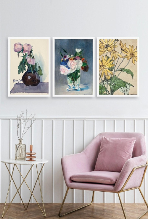 Büro Ev Ofis Dekoru için 23x30CM 3PARÇA Ahşap Çerçeveli Vazoda Çiçek Tema Tablo No7
