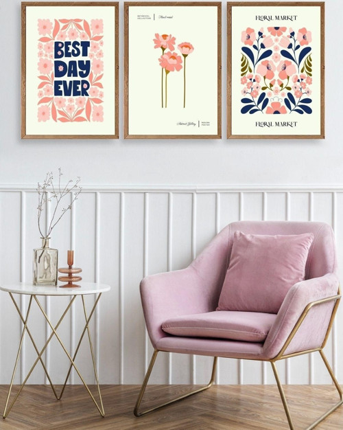 Büro Ev Ofis Dekoru için 50x70CM 3PARÇA Ahşap Çerçeveli Çiçek Temalı Tablo Seti No33