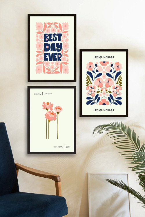 Büro Ev Ofis Dekoru için 30x40CM 3PARÇA Ahşap Çerçeveli Çiçek Temalı Tablo Seti No11