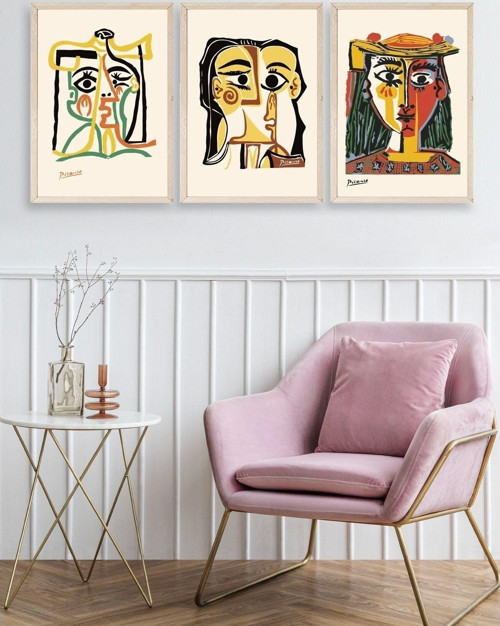Büro Ev Ofis Dekoru için 40x60CM 3PARÇA Ahşap Çerçeveli PPicasso Tablo Seti No7