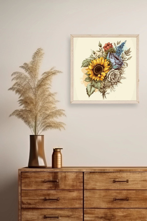 Büro Ev Ofis Dekoru için 50x50CM Tekli Ahşap Çerçeveli Ayçiçeği Tema Tablo No11