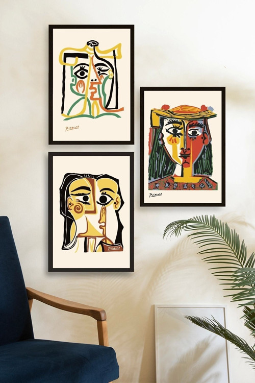 Büro Ev Ofis Dekoru için 30x40CM 3PARÇA Ahşap Çerçeveli PPicasso Tablo Seti No6