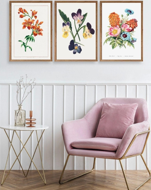 Büro Ev Ofis Dekoru için 30x40CM 3PARÇA Ahşap Çerçeveli Çiçek Tema Tablo No61