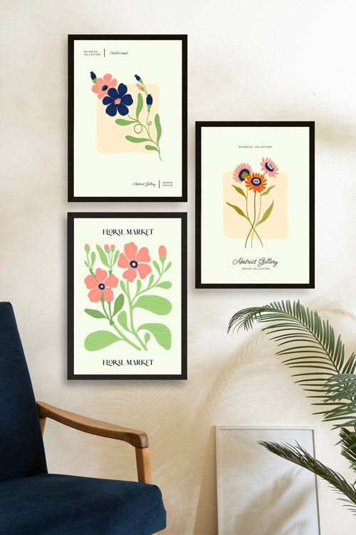 Büro Ev Ofis Dekoru için 23x30CM 3PARÇA Ahşap Çerçeveli Çiçek Temalı Tablo Seti No1
