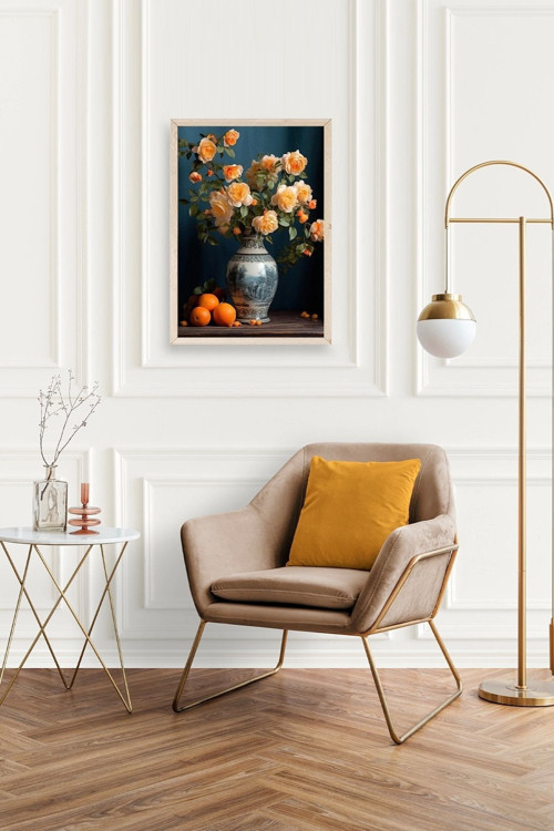Büro Ev Ofis Dekoru için 23x30CM Tekli Ahşap Çerçeveli Çiçekli Vazo Tema Tablo No3