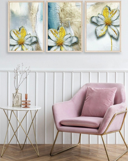 Büro Ev Ofis Dekoru için 30x42CM 3PARÇA Ahşap Çerçeveli Çiçek Tema Tablo No22