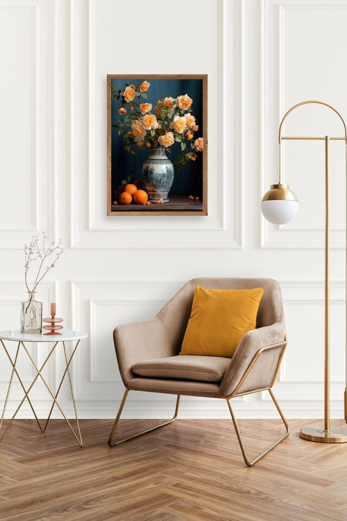 Büro Ev Ofis Dekoru için 30x42CM Tekli Ahşap Çerçeveli Çiçekli Vazo Tema Tablo No6