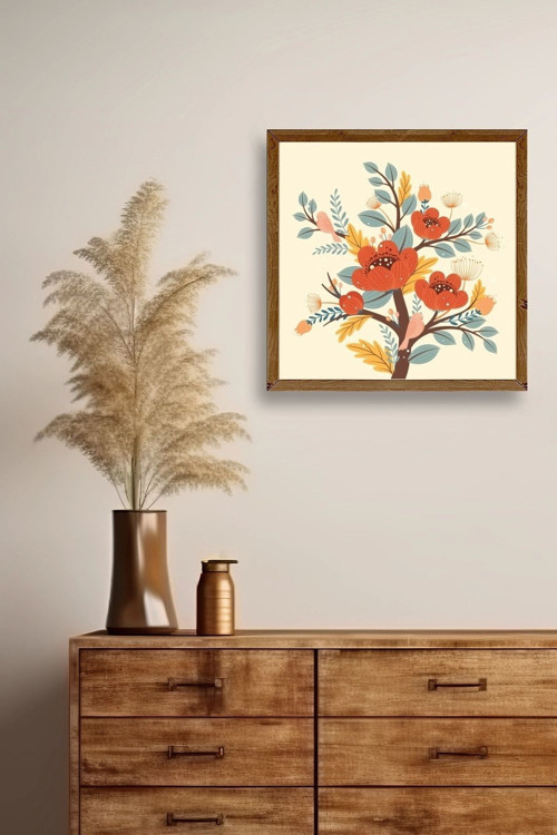 Büro Ev Ofis Dekoru için 50x50CM Tekli Ahşap Çerçeveli Çiçek Tema Tablo No614