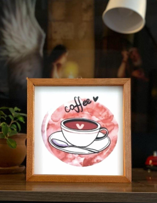Büro Ev Ofis Dekoru için 23x23CM Tekli Ahşap Çerçeveli Fincan Pano Kafe Tablo