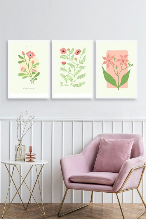 Büro Ev Ofis Dekoru için 40x60CM 3PARÇA Ahşap Çerçeveli Botanik Tema Tablo No32