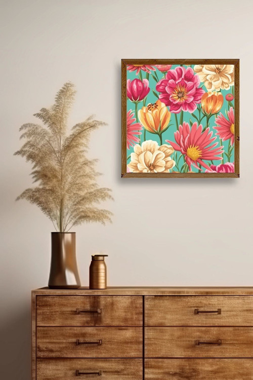 Büro Ev Ofis Dekoru için 23x23CM Tekli Ahşap Çerçeveli Çiçek Tema Tablo No187