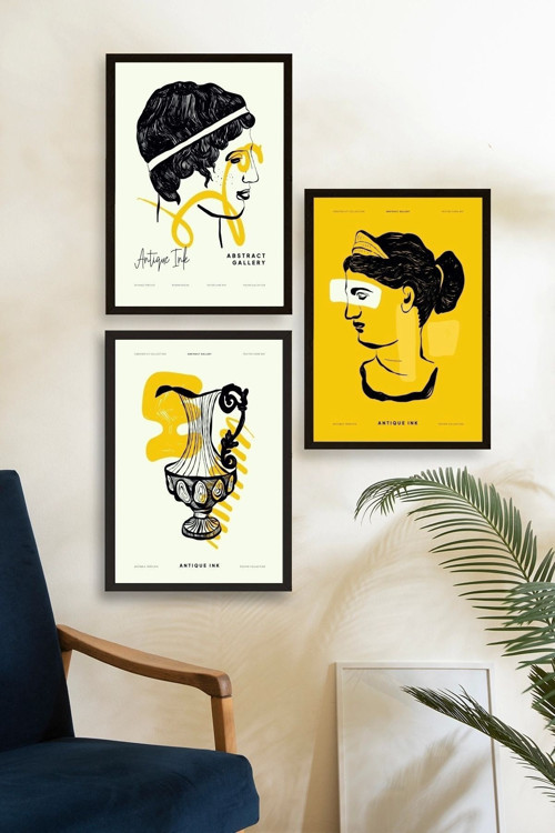 Büro Ev Ofis Dekoru için 40x60CM 3PARÇA Ahşap Çerçeveli Soyut Tema Tablo No53