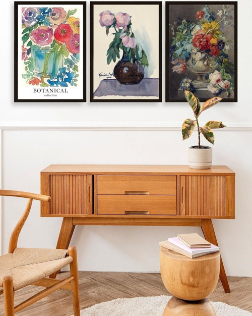 Büro Ev Ofis Dekoru için 30x40CM 3PARÇA Ahşap Çerçeveli Çiçek Tema Tablo No62
