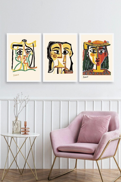 Büro Ev Ofis Dekoru için 40x60CM 3PARÇA Ahşap Çerçeveli PPicasso Tablo Seti No8