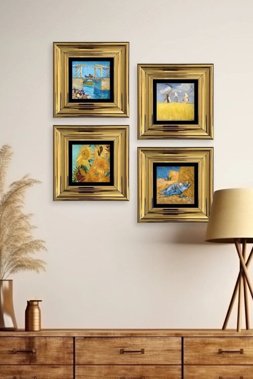 Büro Ev Ofis Dekoru için 20x20CM 4PARÇA Çerçeveli VGogh Taş Duvar Süsü No1