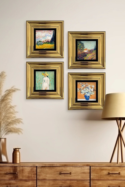 Büro Ev Ofis Dekoru için 20x20CM 4PARÇA Çerçeveli VGogh Taş Duvar Süsü No4