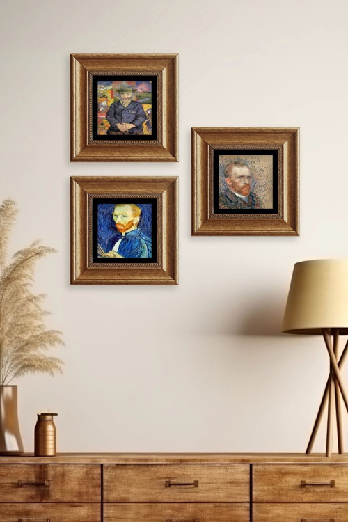 Büro Ev Ofis Dekoru için 20x20CM 3PARÇA Çerçeveli VGogh Taş Duvar Süsü No11