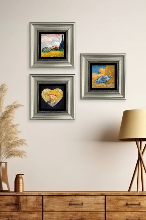 Büro Ev Ofis Dekoru için 20x20CM 3PARÇA Çerçeveli VGogh Taş Duvar Süsü No14