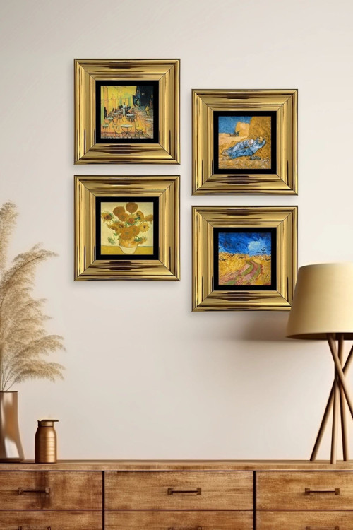 Büro Ev Ofis Dekoru için 20x20CM 4PARÇA Çerçeveli VGogh Taş Duvar Süsü No3