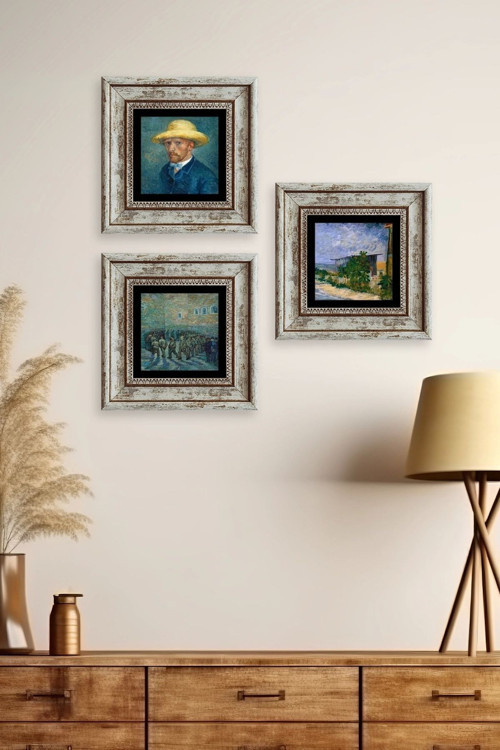 Büro Ev Ofis Dekoru için 20x20CM 3PARÇA Çerçeveli VGogh Taş Duvar Süsü No15