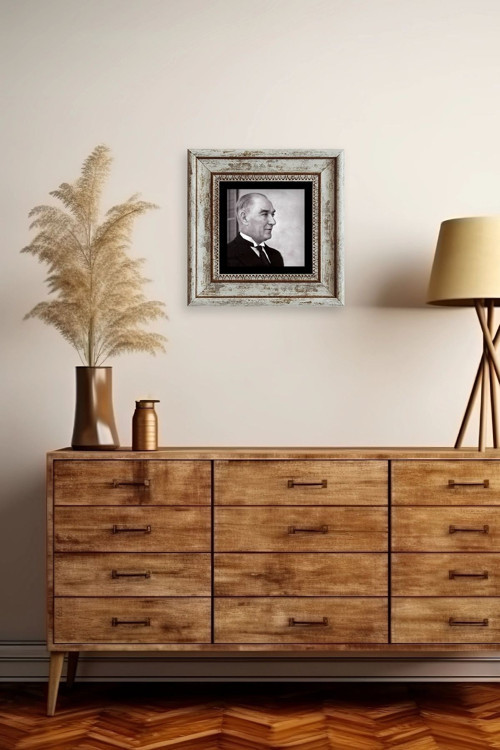 Büro Ev Ofis Dekoru için 20x20CM Tekli Çerçeveli ATATÜRK Tema Taş Duvar Süsü No7