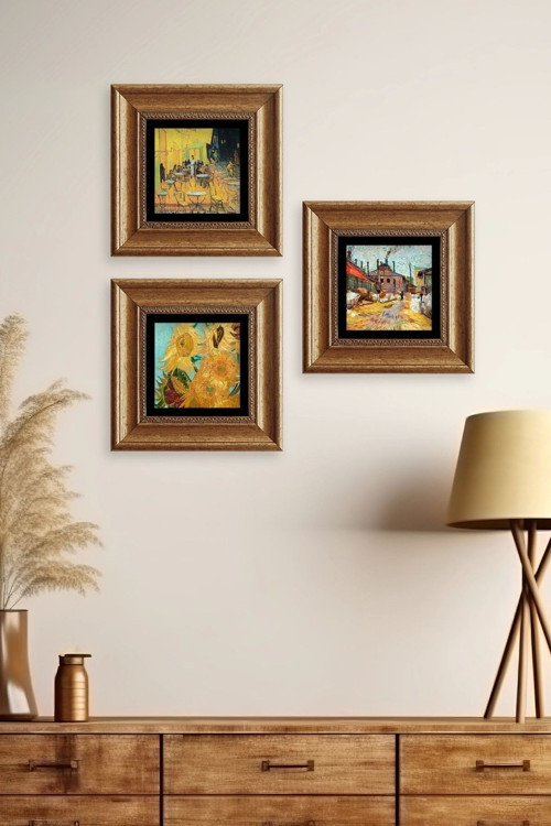 Büro Ev Ofis Dekoru için 20x20CM 3PARÇA Çerçeveli VGogh Taş Duvar Süsü No5