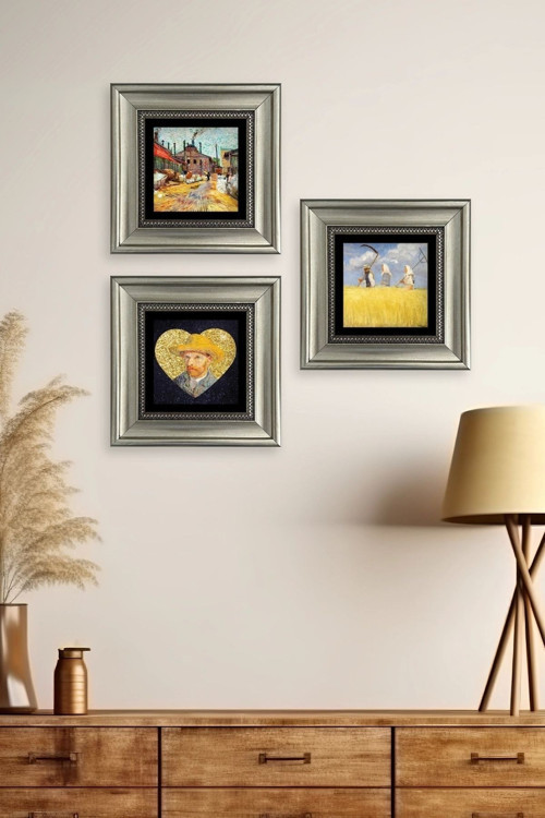 Büro Ev Ofis Dekoru için 20x20CM 3PARÇA Çerçeveli VGogh Taş Duvar Süsü No29